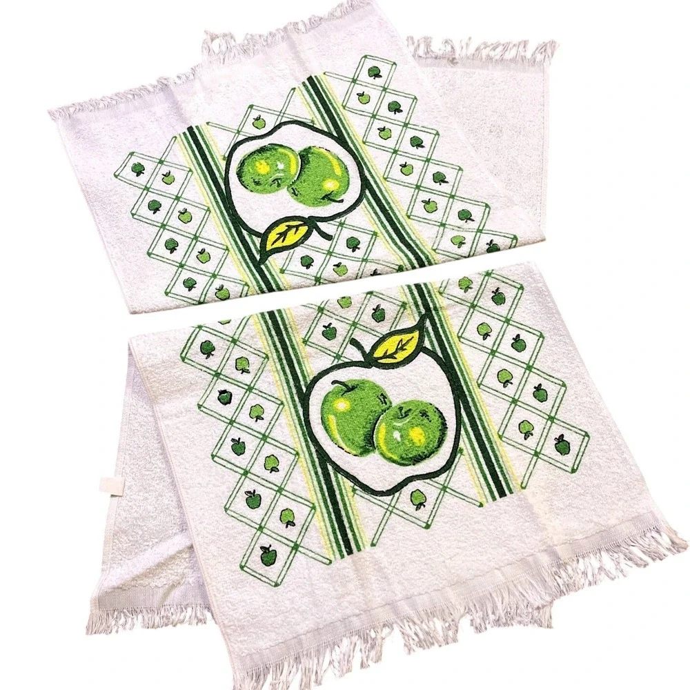 VTG‎ CANNON Hand Kitchen Towel Fringe 70s NOS Green Apple Fruit Stripe Checkered
